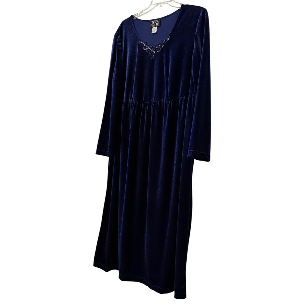 Vtg More Jazz Velvet Choir Dress Navy Blue Long Sleeve Formal Maxi Dress 18 - Picture 3 of 9
